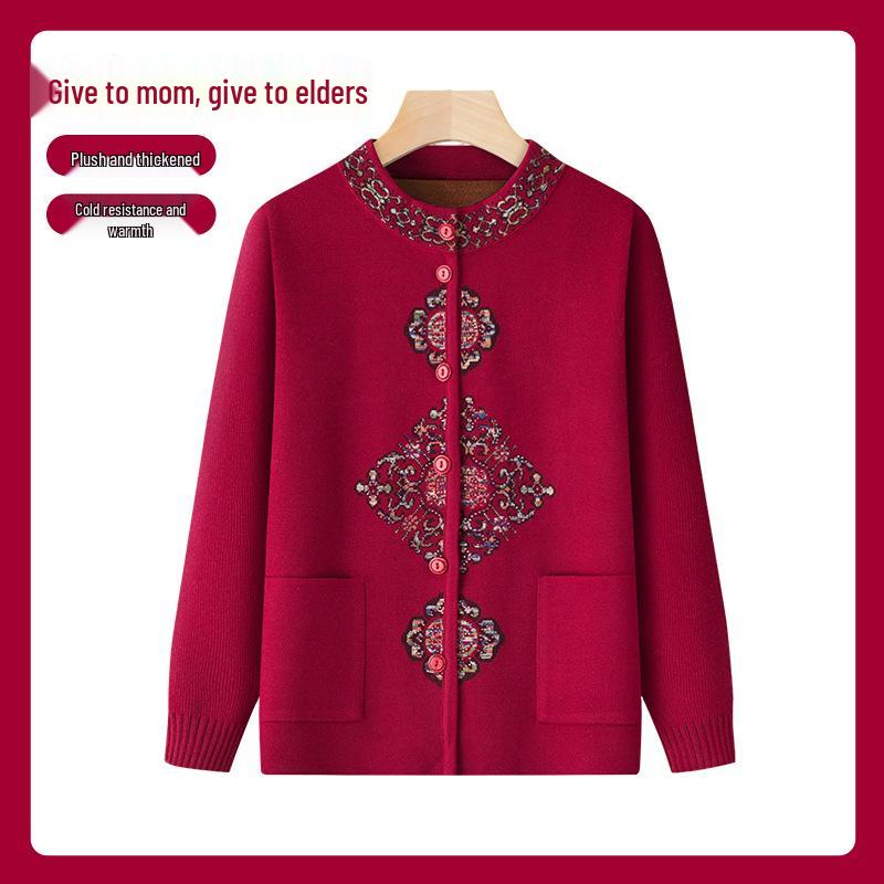 

Mid-Aged & Elderly Women s Plus Velvet Embroidered Knit Cardigan Jacket for Autumn/Winter XL for 90-105 jin