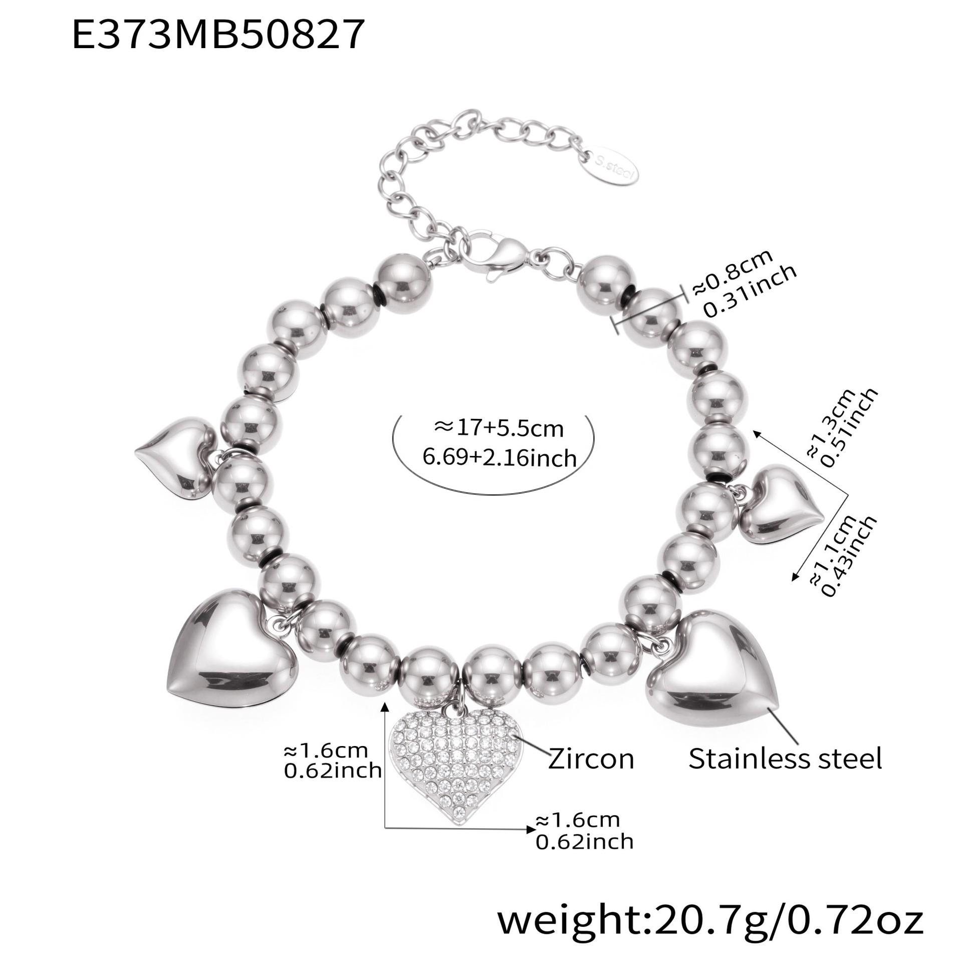 Qiong Yao Heart Bead Elastic Bracelet, Full Diamond, PVD Plated, Fade-Resistant, European & American Cold Style.