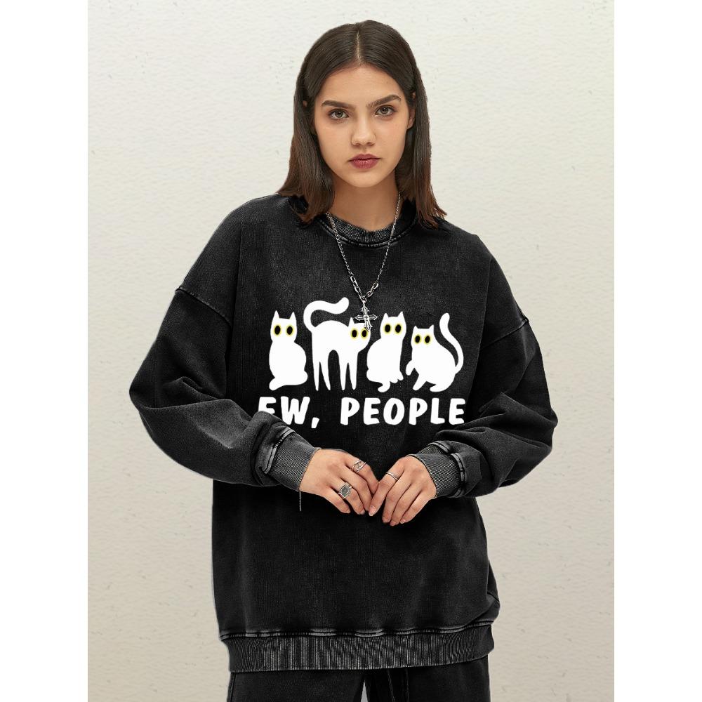 Ew People Cartoon Cats Design Woman Washed Sportswear Cotton Soft Pullover Oversize Crewneck Sweatshirts Couple Streetwer