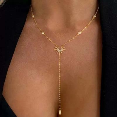 Collier pendentif en acier inoxydable en forme de Y pour femmes et filles, Élégant Fashion Diamant simulé Long pompon pendant Bijoux Cadeaux
