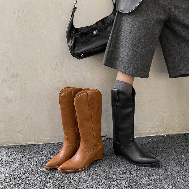 6cm Style Knee High Boots Women Pointed Toe Flat Heel Winter Fall Fashion