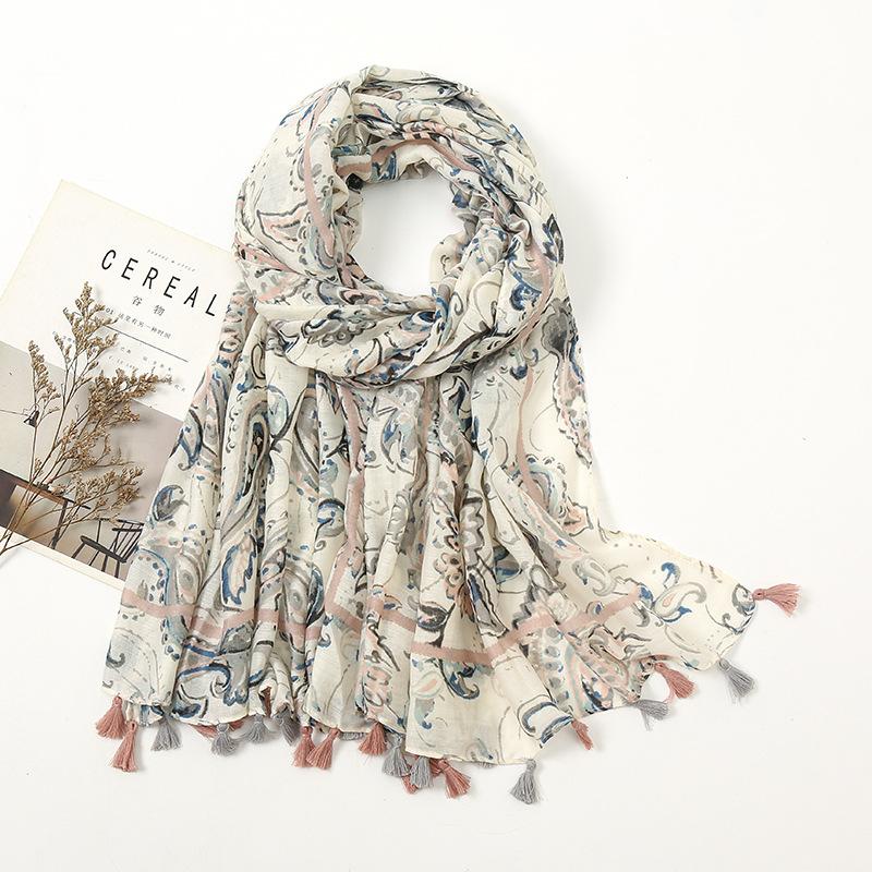 Fashion Luxury Ink Painting Floral Tassel Viscose Shawl Scarf Lady High Quality Wrap Pashmina Stole Bufandas Muslim Hijab