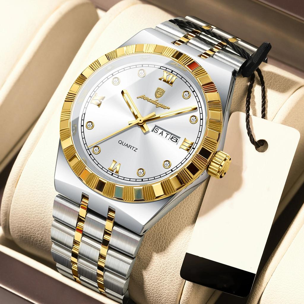 POEDAGAR Original Military Man Wristwatch Quartz Week Date Watch For Men Waterproof Luminous Stainless Steel Men's Watches