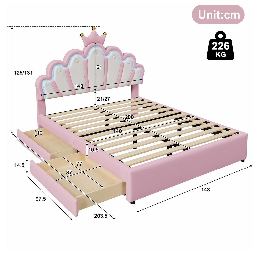 Children's Bed 140x200 Girls Crown Single Bed with Adjustable Headboard, LED Strip, Slatted Frame and 2 Drawers, PU Leather  (without Mattress), Pink