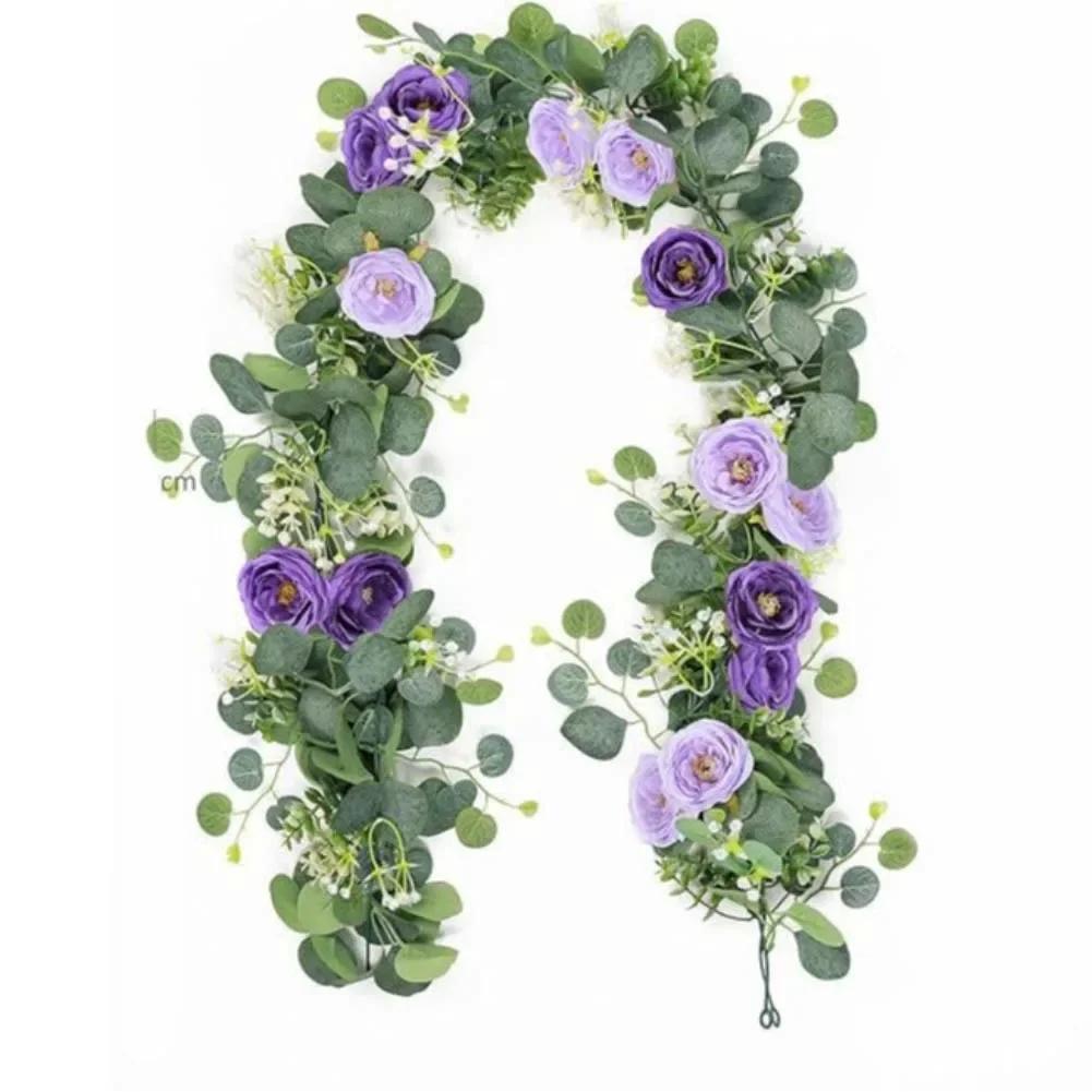 1pcs Artificial Rattan 180cm/6ft Artificial Eucalyptus Garland With Navy Blue White Roses For Weddings Festive Party Decoration