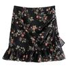 Retro Schwarzer Floral High-Waist Chiffon A-Linien Rock mit Rüschen & Unregelmäßigen Falten