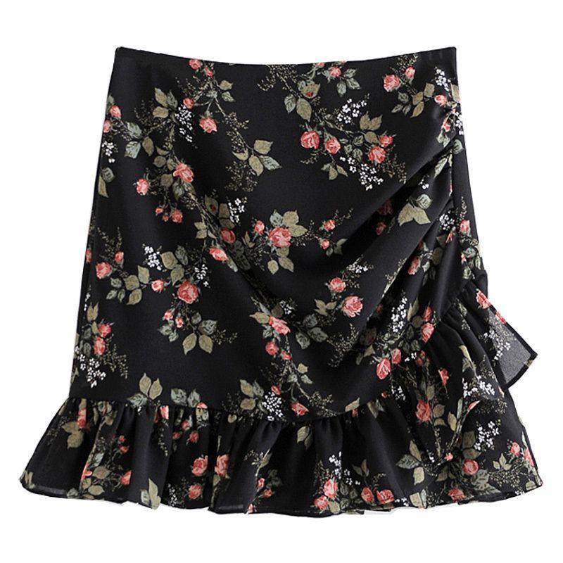 Gonna Svasata in Chiffon Nera Floreale Vita Alta con Volant e Pieghe Irregolari