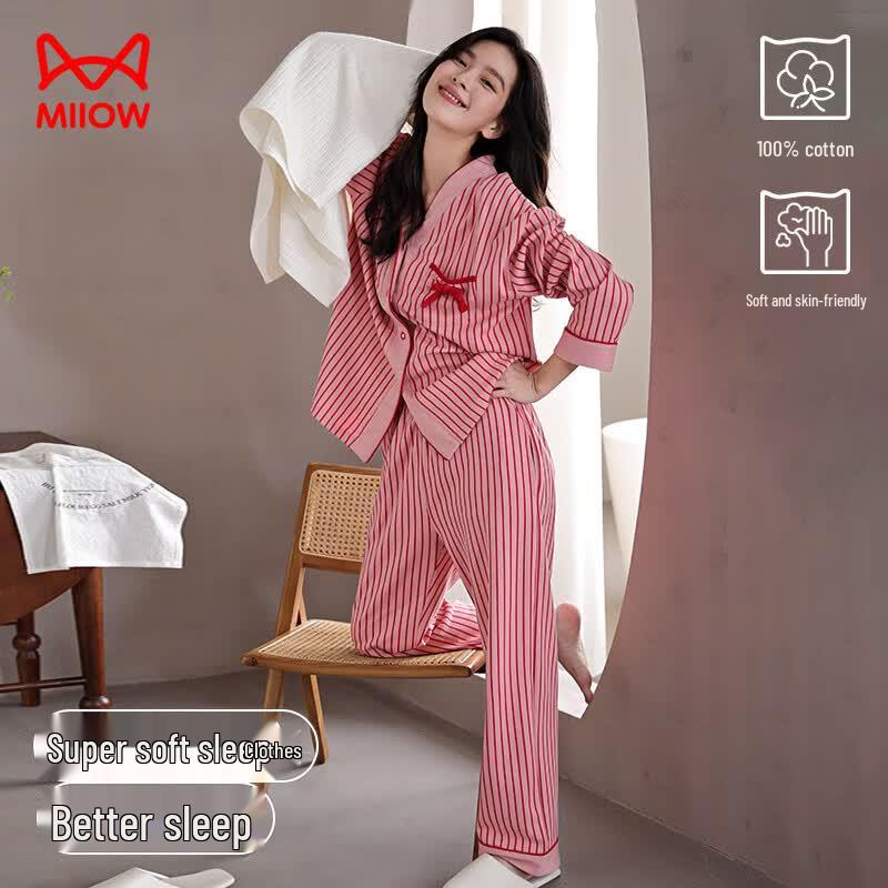 Mao Ren Women s Berry Red Striped 100% Cotton Pajama Set L