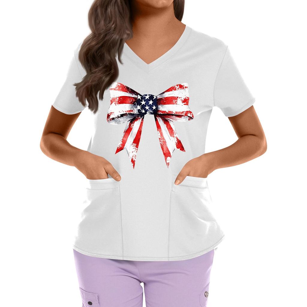 Plus Size Printed Scrub Working Uniform Tops For Women's Cross V Neck Independence Day Print Short Sleeve Fun T-Shirts Workwear Tee With Pockets