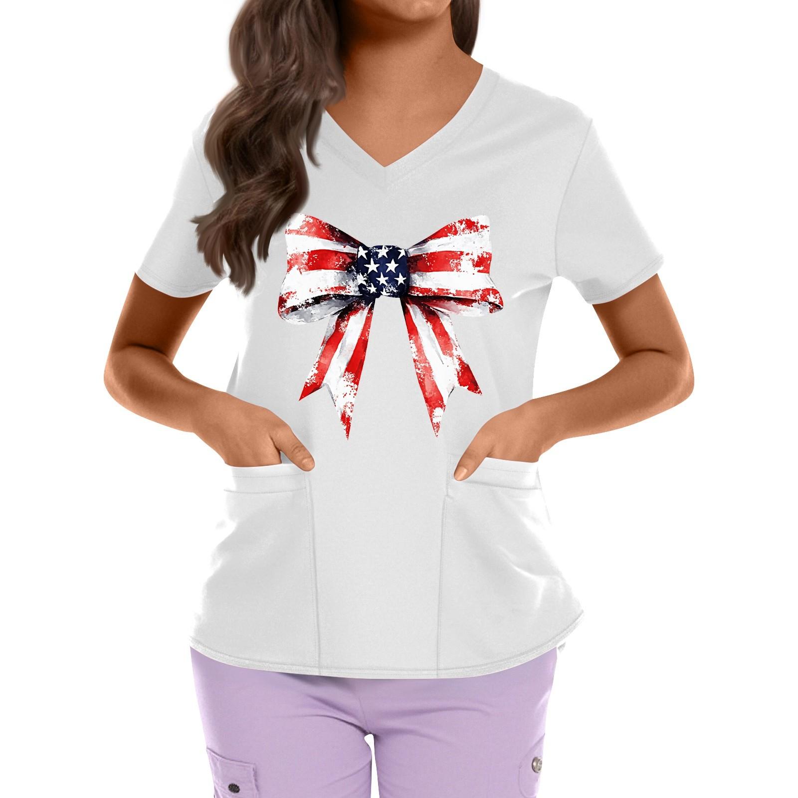 

Plus Size Printed Scrub Working Uniform Tops For Women s Cross V Neck Independence Day Print Short Sleeve Fun T-Shirts Workwear Tee With Pockets S білий