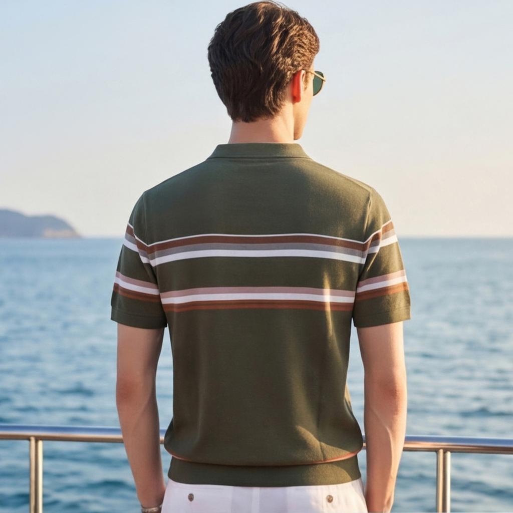 100% Long Staple Cotton Lao Qian Feng Series Summer Skin-Friendly Breathable Fashionable Striped Men's Short-Sleeved T-Shirt