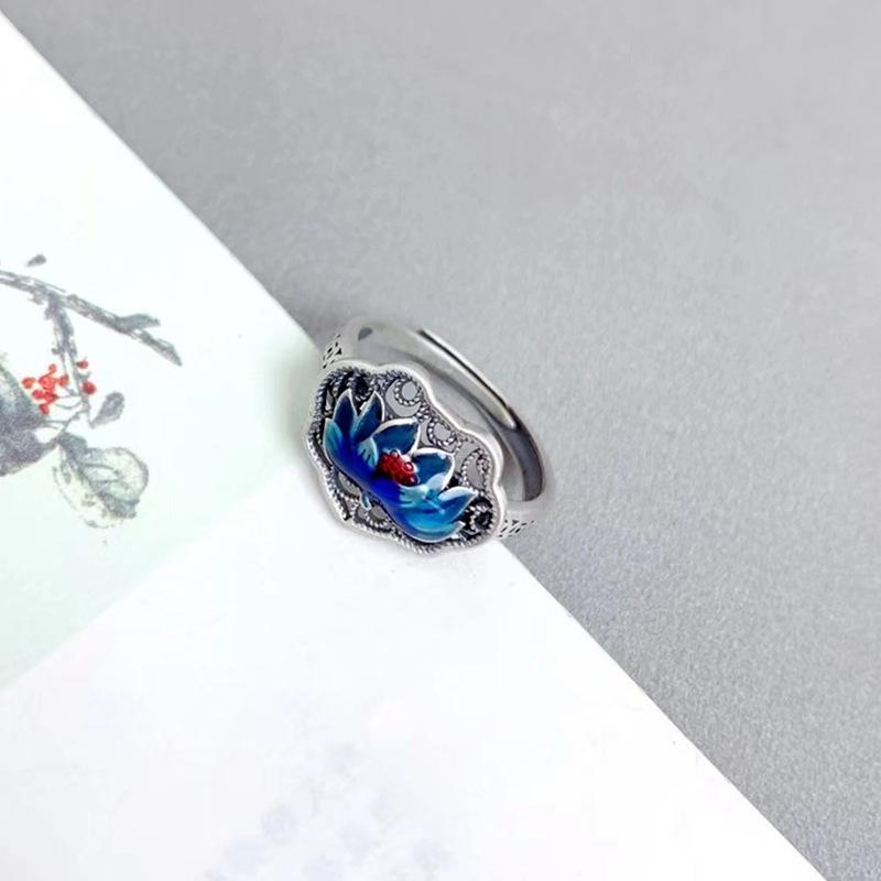 Adjustable Blue Lotus Hollow Ring - Retro Style, Burned Blue Drip Craft, Versatile for Index Finger