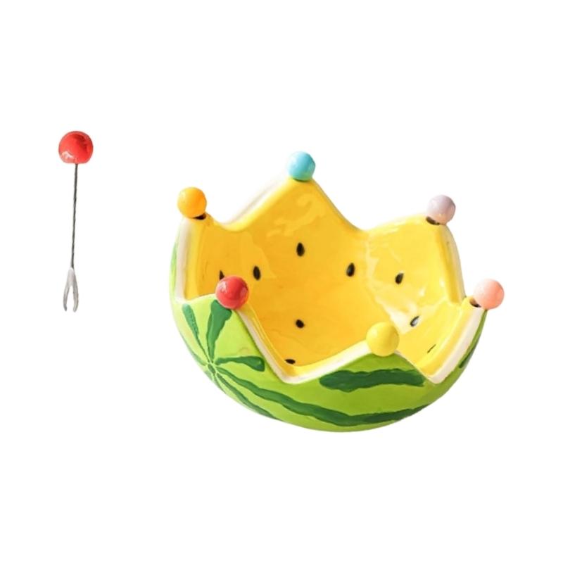 Ceramic Watermelon Snacks Platter Includes 6 Stainless Steel Fruit Forks Tableware For Family Gatherings Barbecues