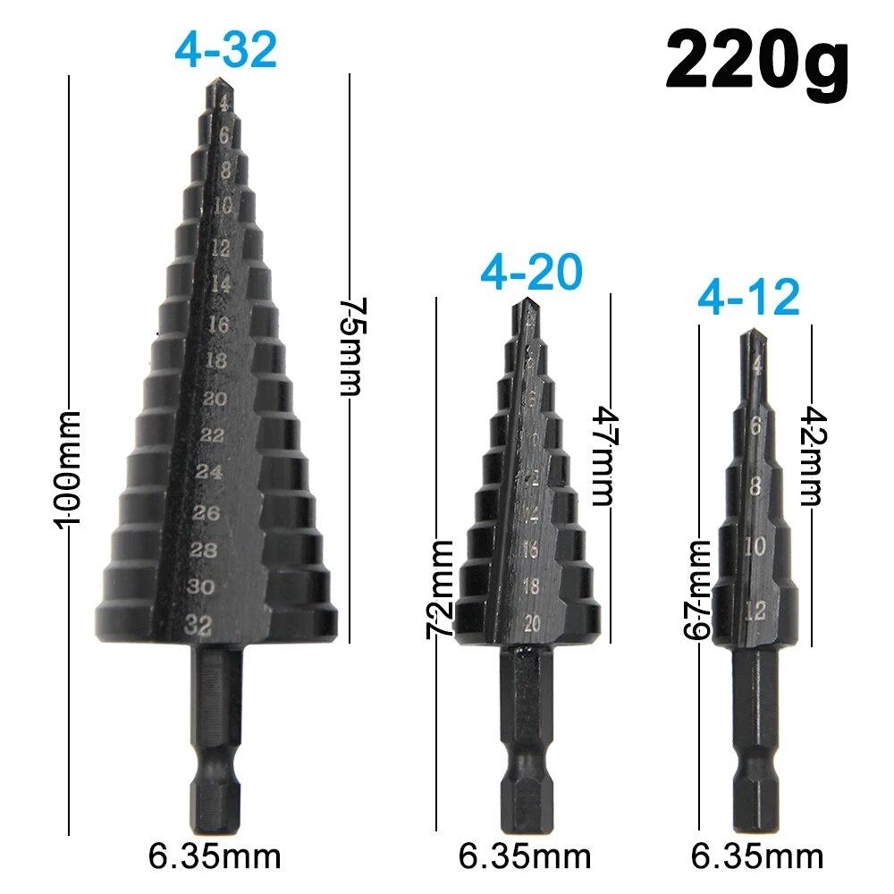 3ks Šestihranná stopka Přímá drážka Černý stupňovitý vrták 4-12/4-20/4-32mm Vystružovací stupňovitý pagoda vrták Sada pro vrtání elektrickým nářadím