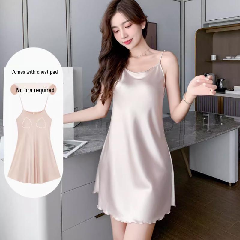 

Нічна сорочка-камісоль з крижаного шовку з нагрудними вкладишами - Жіноча літня охолоджуюча піжама великих розмірів, Стиль високого класу 2024 3XL (65-75 kg)