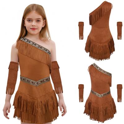 Barn Jenter Indianerprinsesse Kostyme En Skulder Ermeløs Frynser Semsket Kjole med Duskermer - Halloween Cosplay Kostyme