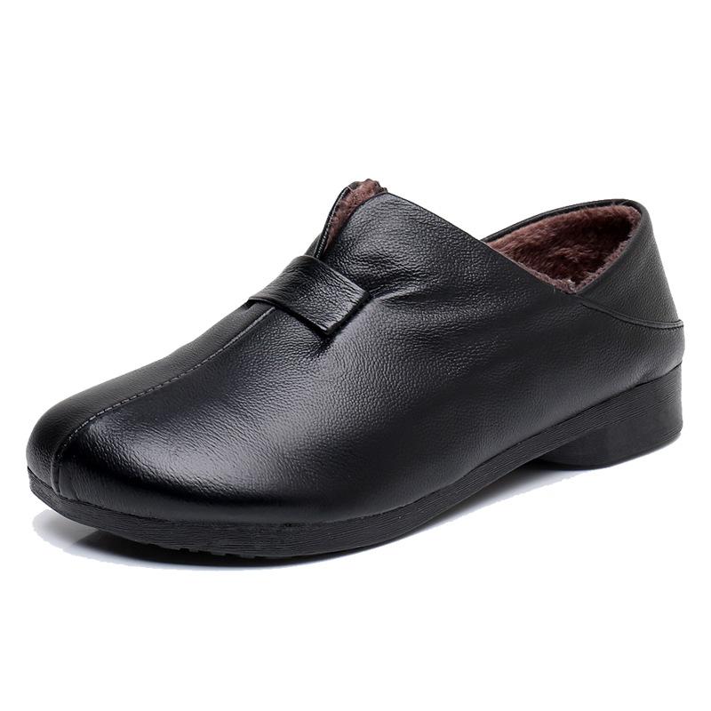 Genuine Leather Women Shoes Low Heel Warm Fur Mom's Shoes Soft Bottom Loafers Comfy Flats Ladies Casual Shoes