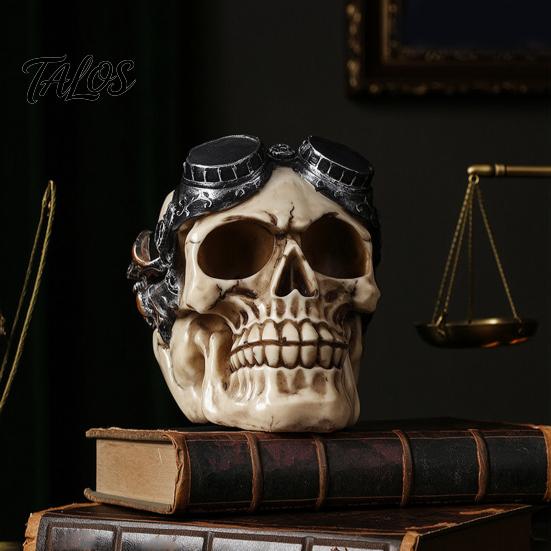 Accessoires de Farce pour Halloween Casque Hip-hop/Figurine Crâne Steampunk, Statue Squelette en Résine, Ornement d'Accessoires d'Ambiance de Chambre Secrète Vintage