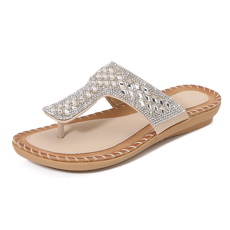 New Bohemian Cool Slippers Women's Summer Rhinestones Evening Wind Flat Bottom Round Head Pinch Feet Open Toes