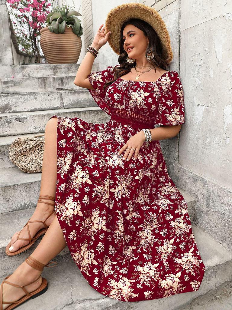 2025 Vintage-Druck Quadratischer Ausschnitt Übergröße Kurzarmkleid