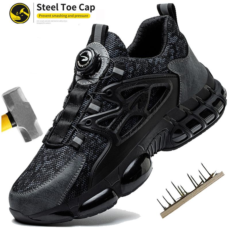 Breathable Steel Toe Work Boots For Men - Construction Safety Shoes With Rotary Button | Anti-Smash Protective Design Male Shoes