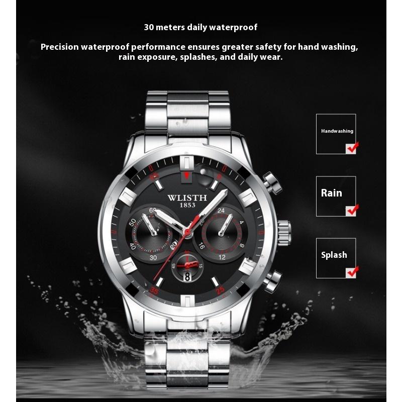 Top Brand Fashion Men's Watch Fake Three Eyes Quartz Steel Band Waterproof Student Men's Watch