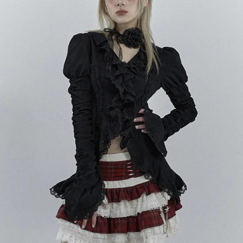 Gothic Black Lace Shirt Dark Aesthetic Irregular Blouses Yamamoto Style Grunge Flare Sleeve V-neck Shirt Vintage Y2k Emo