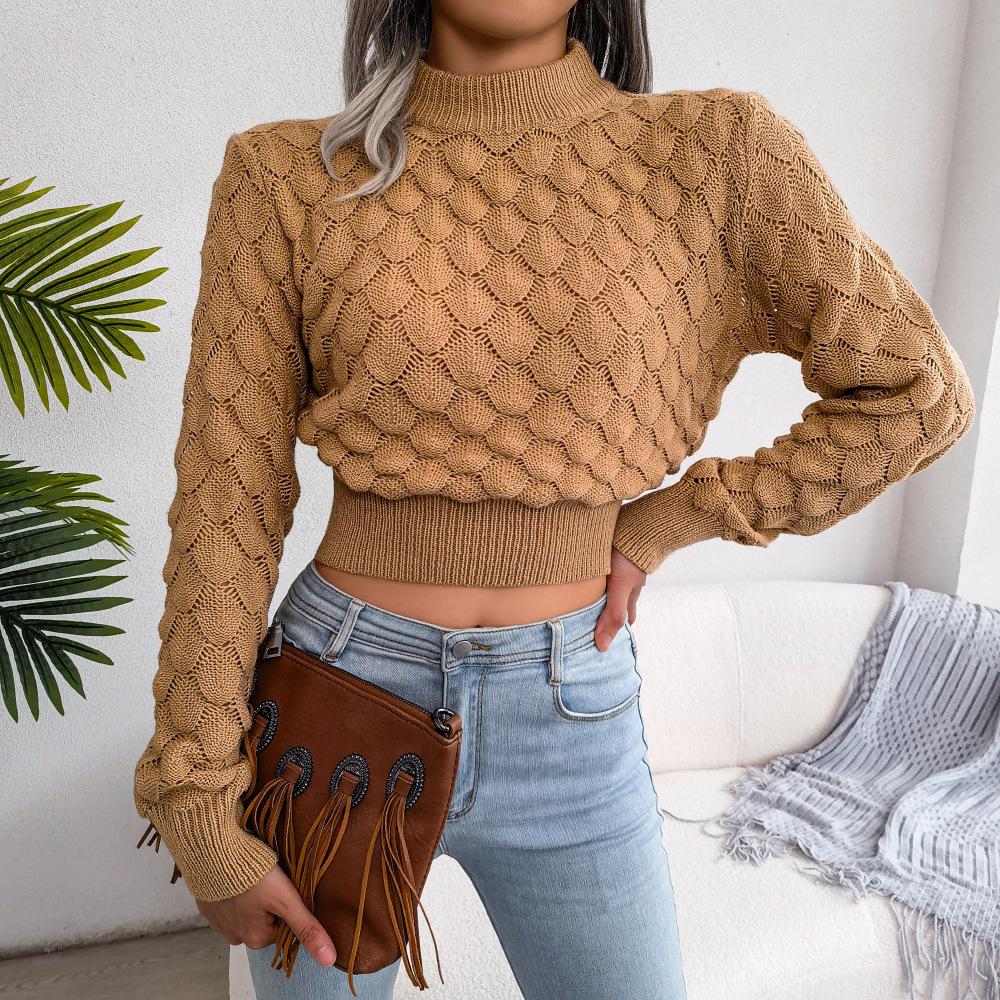 Women Fall Winter 3D Diamond Cutout Long Sleeve Solid Color Chic Crop Knit Sweater S-L