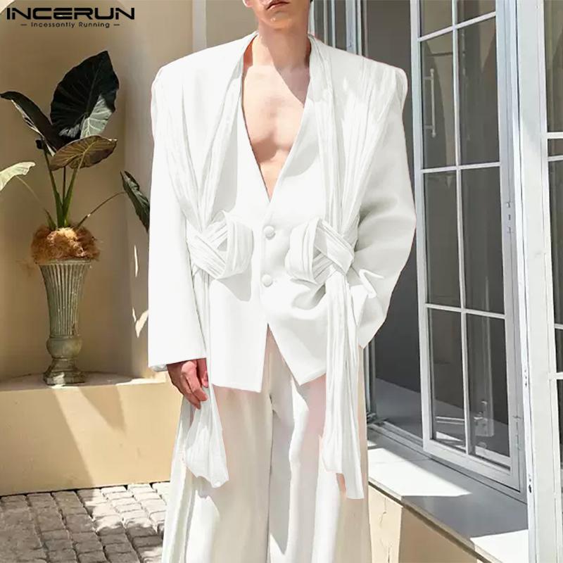 INCERUN Men V Neck Long Sleeve Glitter Ruffled Patchwork Thin Loose Party Blazer Coats
