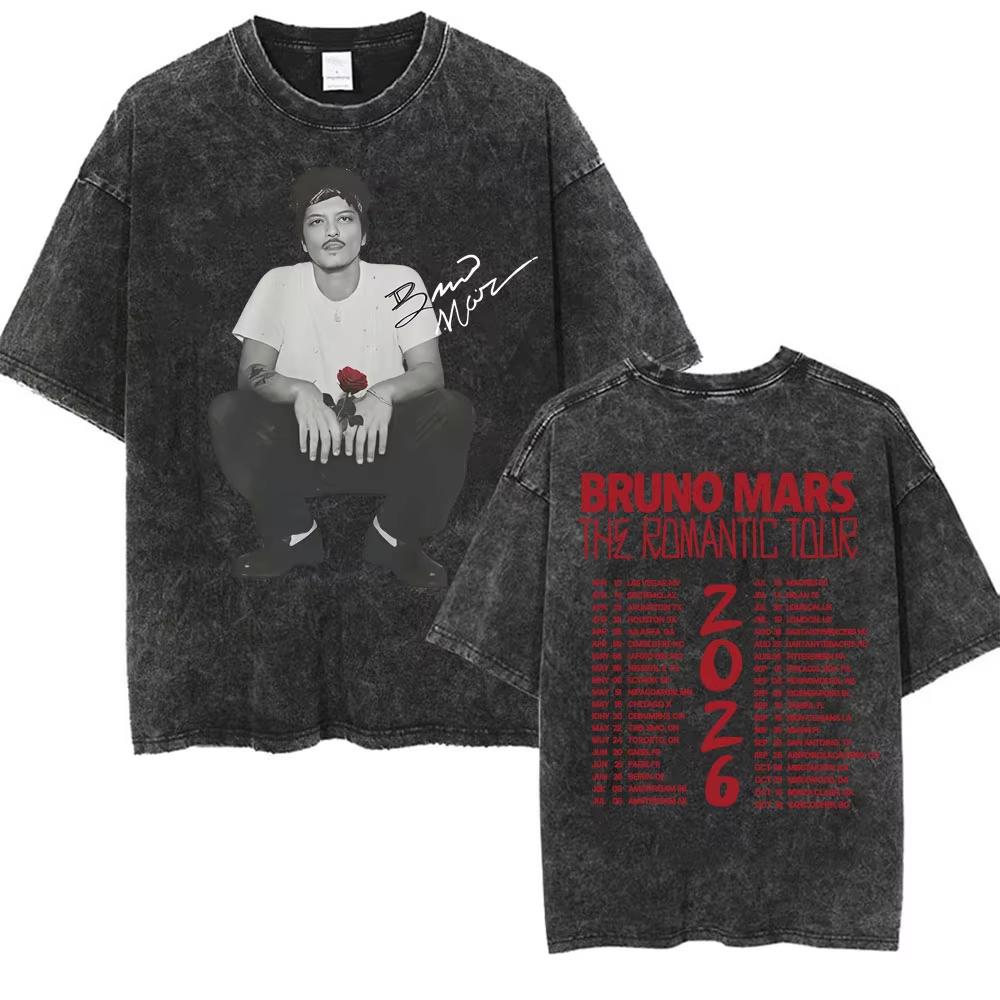 Bruno Mars The Romantic Tour 2026 Vintage Gewassen T-shirt Mannen Vrouwen Mode Hip Hop Pop Muziek T-shirt Zomer Casual Katoenen T-shirt