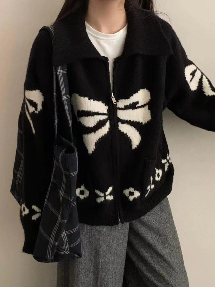 Autumn French Fashion Sweet Knitted Cardigan Women Harajuku White Design Aesthetic Print Sweater Female New Casual Elegant Chic Warm Coat