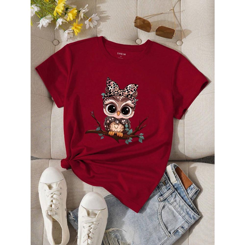 Women's Summer Cartoon Owl Printed Round Neck Short Sleeve Casual T-Shirt