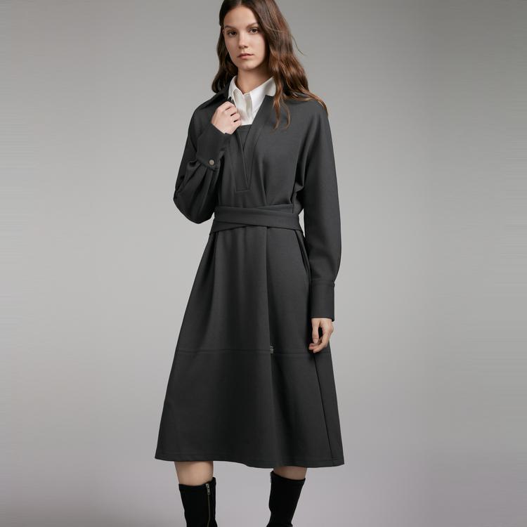 ELLE French Minimalist Elegant Two-Piece Dress With V-Neck Long Sleeves Women dress Dark-Gray EL49588
