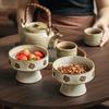 It Is Especially Beautiful. The Fruit Plate Is Retro Handmade Coarse Pottery, And The High-Footed Plate Is Surrounded By A Stove To Make Tea And Snack