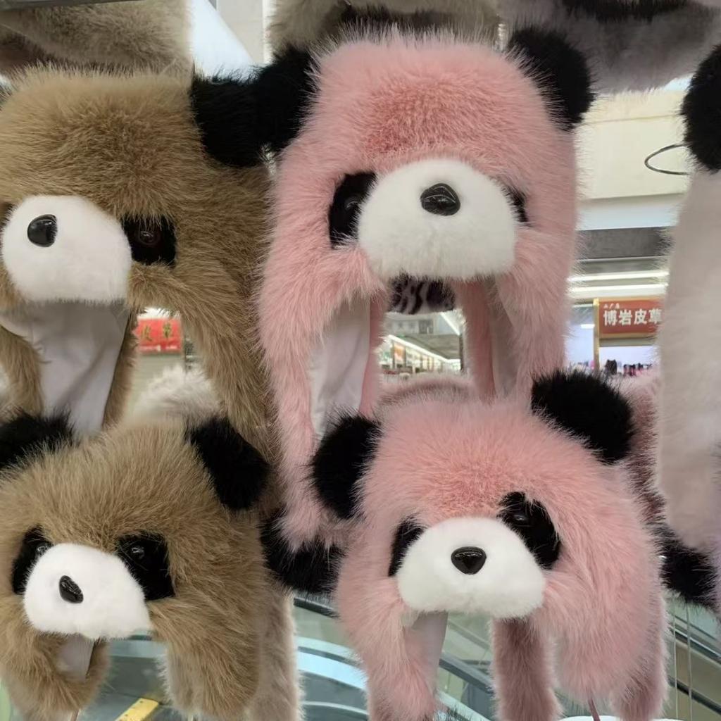 Parent-child autumn and winter cute plush panda hat, thickened warm big head circumference imitation fox hair cover ear hat