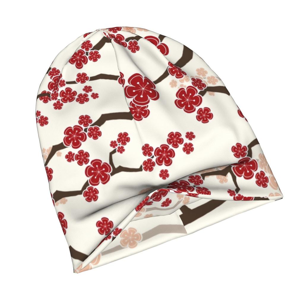 2D Flat Printing Red Oriental Cherry Blossoms on Ivory Zen Japanese Sakura Flowers Minimalist Knit Hat Designed for Adults Who Enjoy Quiet Style Compl