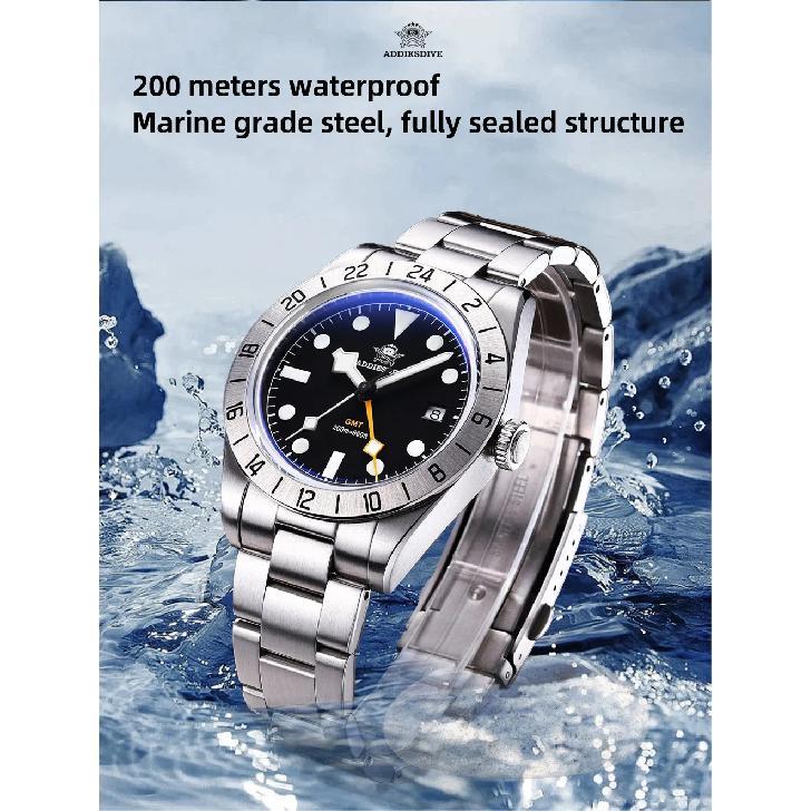 ADDIESDIVE Hot Sale GMT Quartz Watch Stainless Steel Bubble Mirror Glass BGW9 Super Luminous Men's Watches AD2035 NEW Waterproof