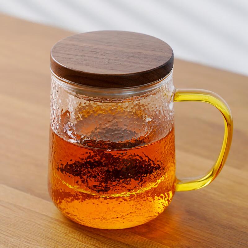Yaji High-End Glass Cup with Hammered Pattern, Tea Infuser Mug with Wooden Lid, Tea Brewing Cup for Office And Tea Ceremony, Drinking Tea Cup, 450ml
