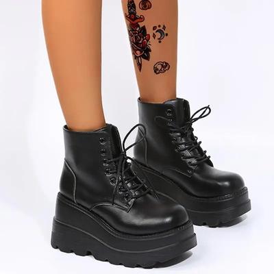 Thick Bottom Large Size 43 Female Boots Lace Up Short Boots Wedges Shoes for Women 2025 Leather High Heels Platform Boots Women