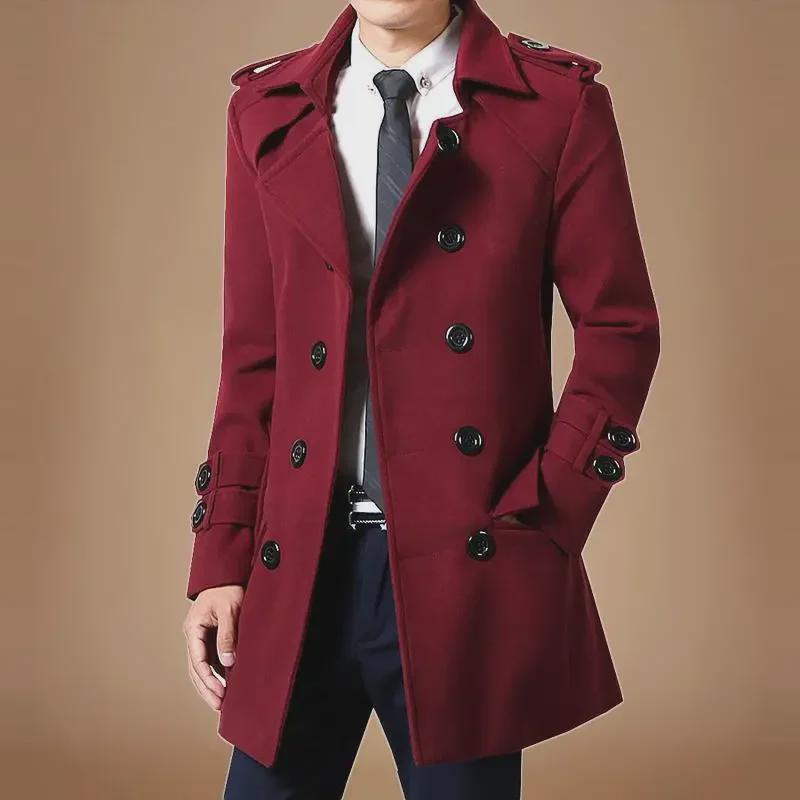 Men's Mid-Length Woolen Double-Breasted Windbreaker with Velvet Lining - Autumn/Winter 2021 Trend