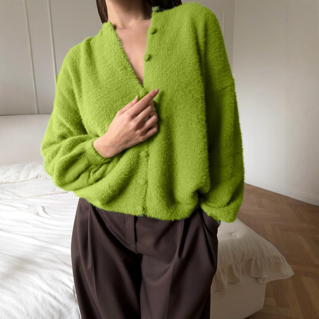 Damen Weicher Dehnbarer Cardigan Pullover Rundhalsausschnitt Langarm Knopfleiste Pullover für Damen Lockerer Sitz Cardigan Pullover Lässig Flauschige Gestrickte Jacken