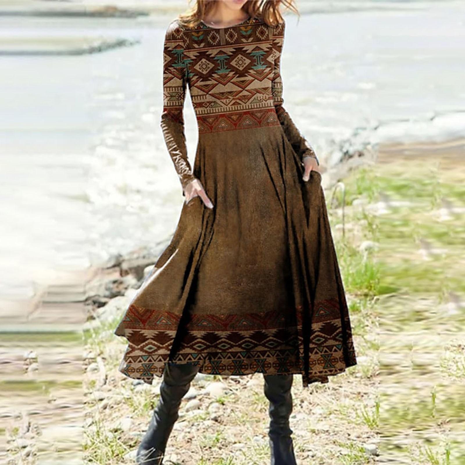 

Женская мода повседневное платье с длинным рукавом и круглым вырезом с принтом M зелёный