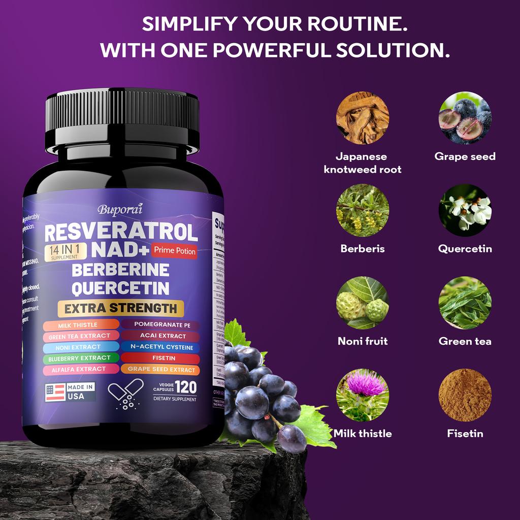 Buporai Resveratrol Supplement, containing milk thistle, berberine, green tea, blueberry, and grape seed extract, suitable for adults.