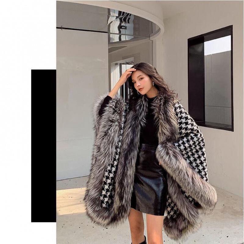 New stunner in the world imitation silver fox fur collar thousand bird plaid shawl cape imitation fur coat women