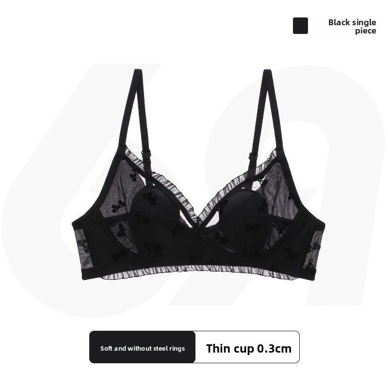 French Coquette Lace Thin Cup Wireless Bra, Girly Push Up Comfort Small Bust Women Bra