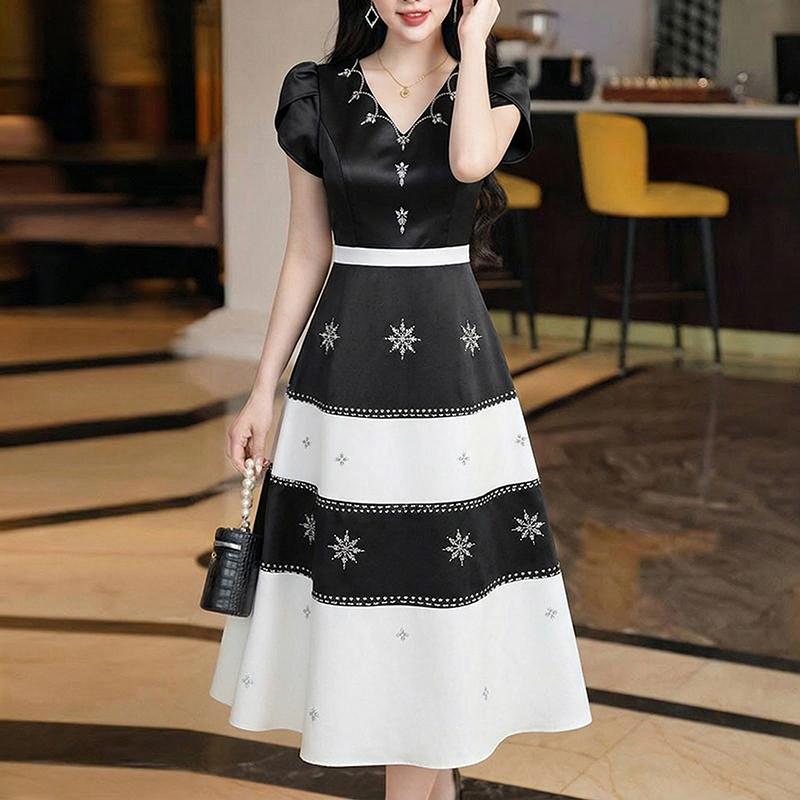 ZANZEA Women Elegant V-Neck Short Sleeve Splice Print Satin Midi Long Dress S чёрный