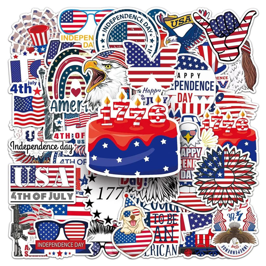 50 Pcs America Independence Day Waterproof Stickers Creative Graffiti Notebook Refrigerator Bicycle Decoration Sitcker Toys
