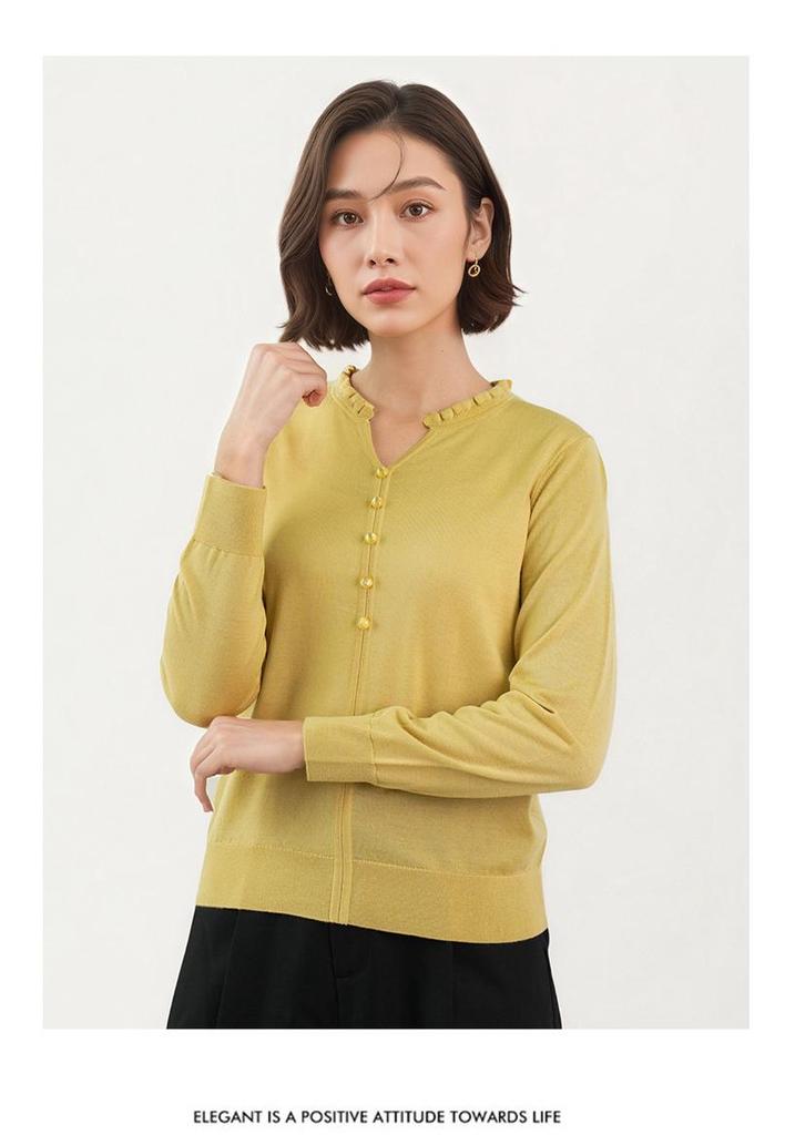 Autumn/Winter Women's 100% Pure Wool Ruffled Collar Sweater in Chinese Style - Little Chicken Yellow Base Layer