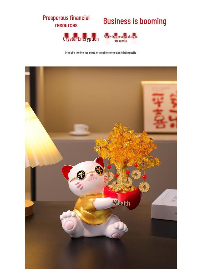 Lucky Cat Crystal Wealth Tree Ornament - High-End Housewarming Gift for New Home Entrance.