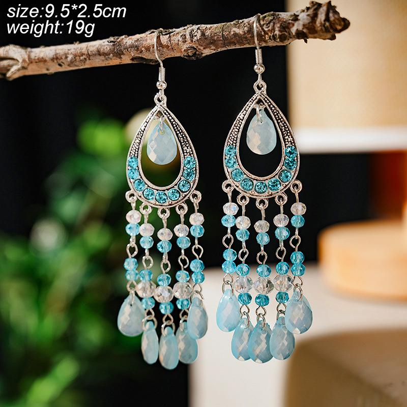 Blue Fashion Boho Temperament Water Drop Feather Earrings for Women Long Crystal Rhinestone Drop Oil Dangle Earring Jewelry